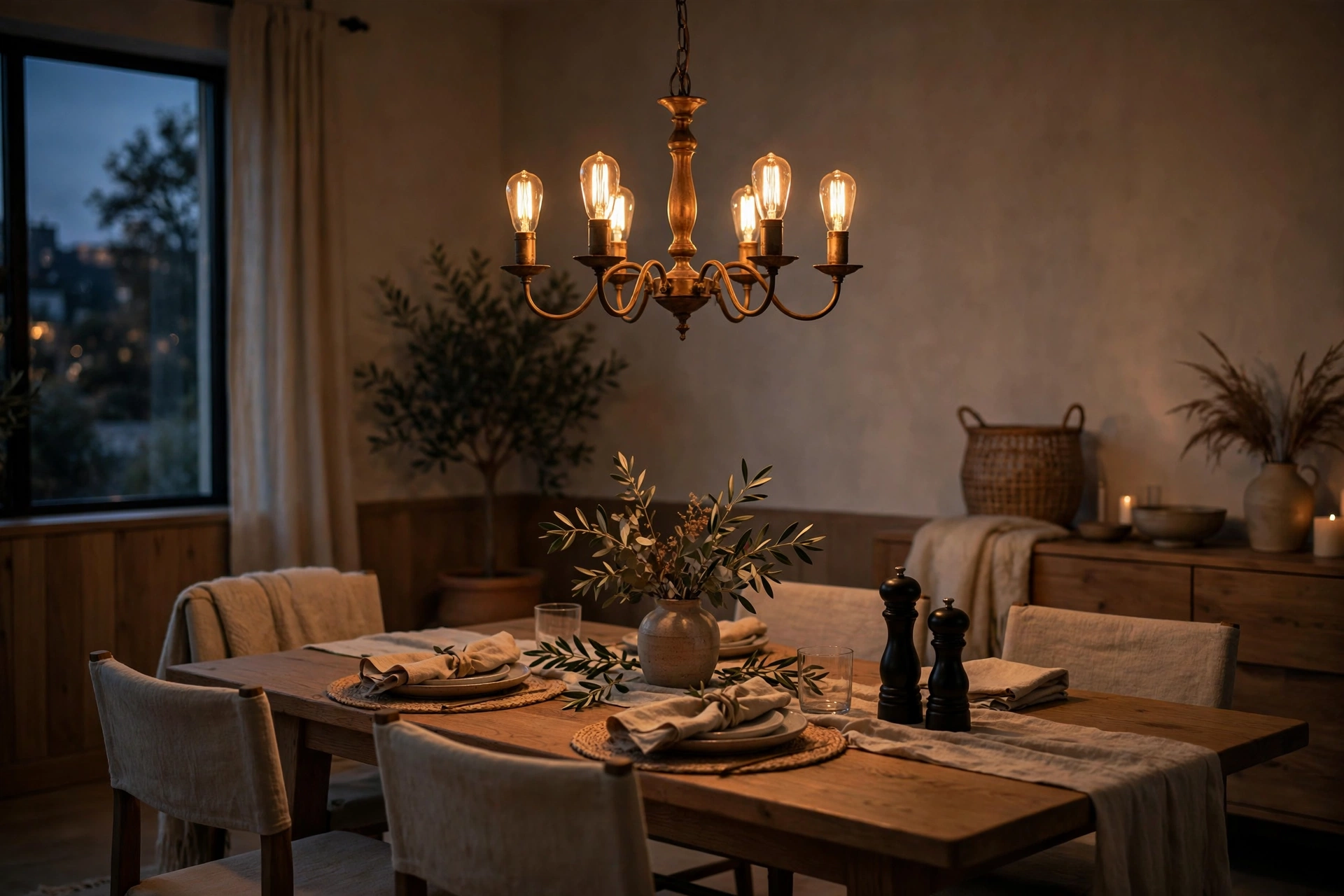 Dining room lighting ideas with warm-dim smart bulbs glowing amber in a chandelier at low brightness.