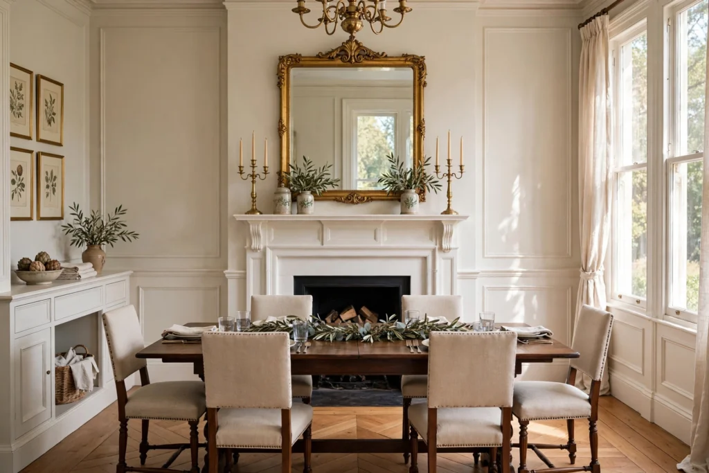 Traditional dining room with a white fireplace mantel styled symmetrically with candlesticks and a large mirror above.