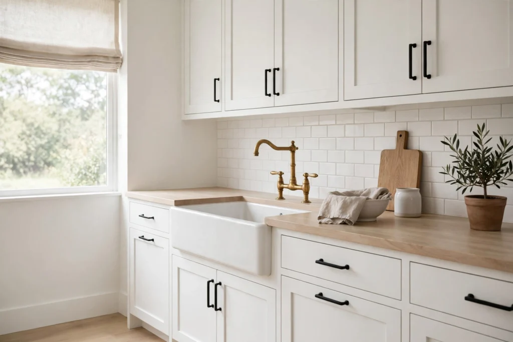 Matte black hardware with unlacquered brass faucet in a white farmhouse kitchen