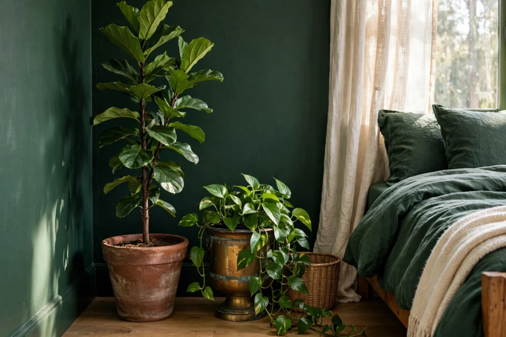 Tall fiddle-leaf fig and trailing pothos in terracotta and aged brass planters in a dark green bedroom corner.