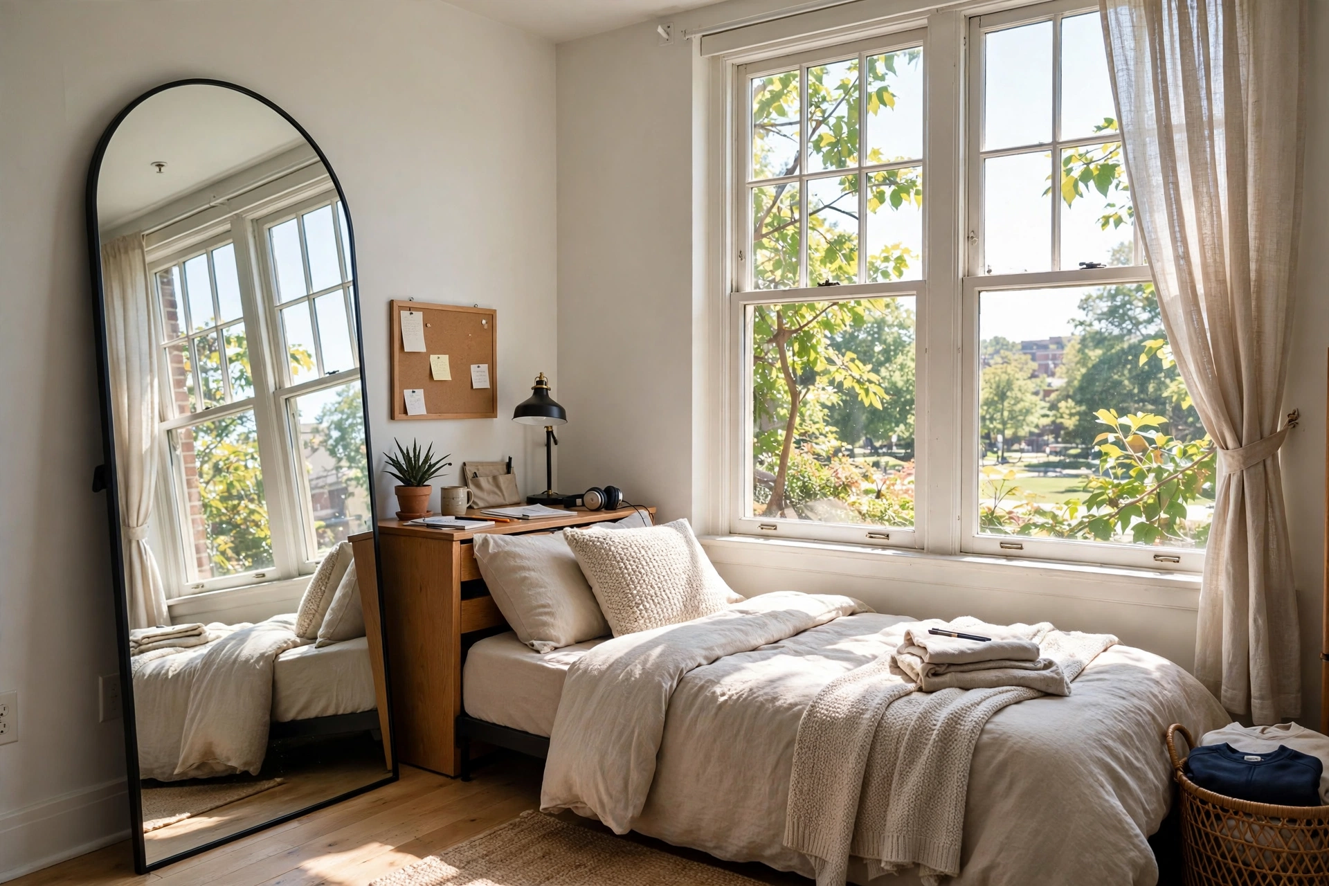 Full-length arched mirror leaning against a dorm room wall opposite the window, reflecting bright daylight.
