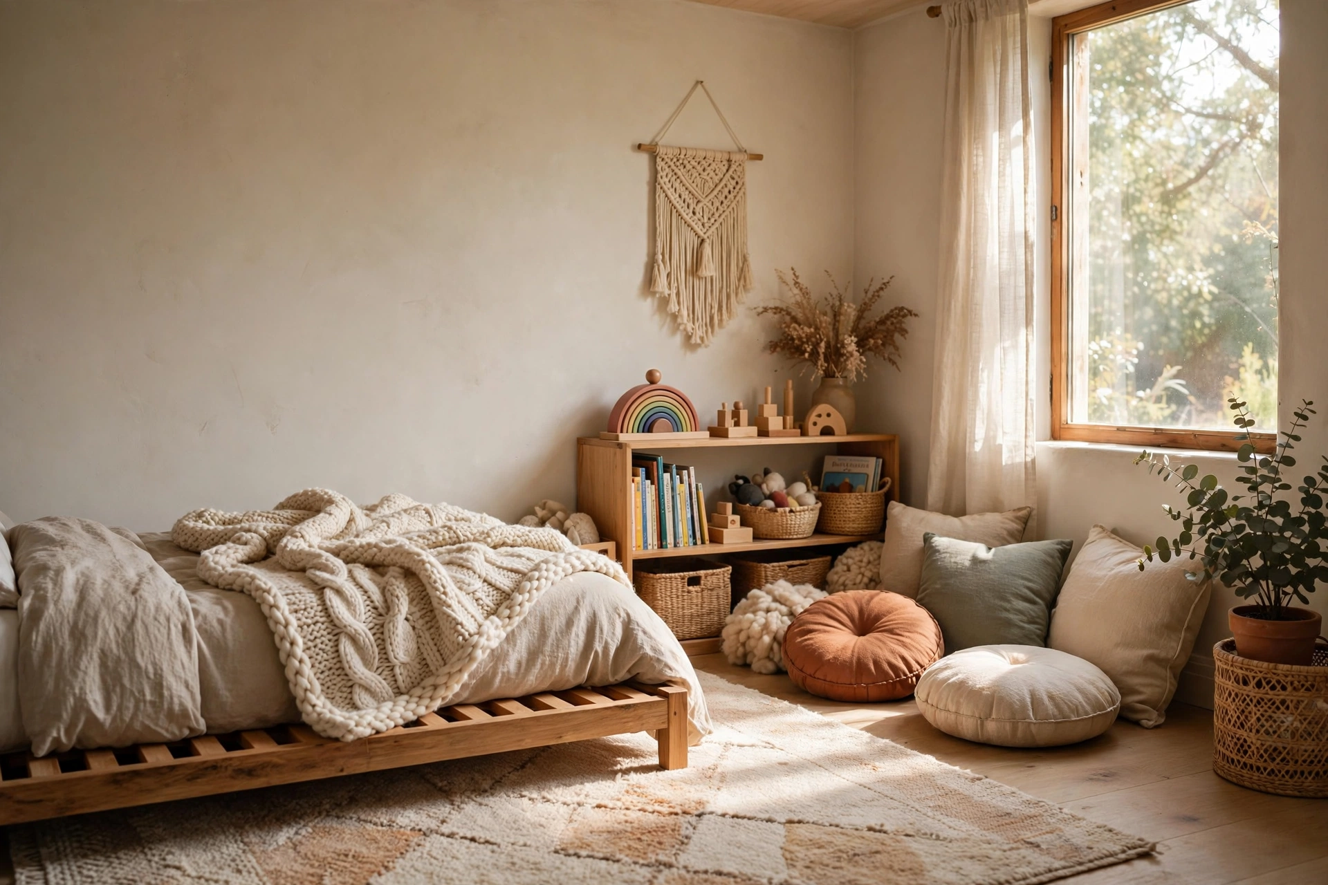Cozy montessori bedroom with a soft area rug, knit blanket on the floor bed, and floor cushions in the reading nook.