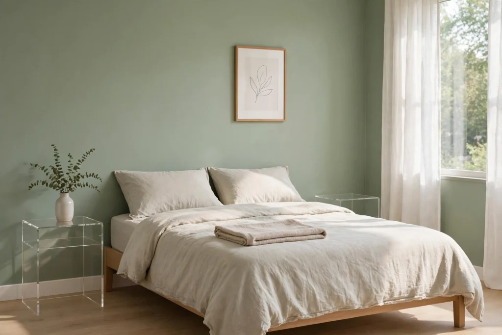 Uncluttered sage green bedroom with clear nightstands, one vase, minimal art, and calm natural light.