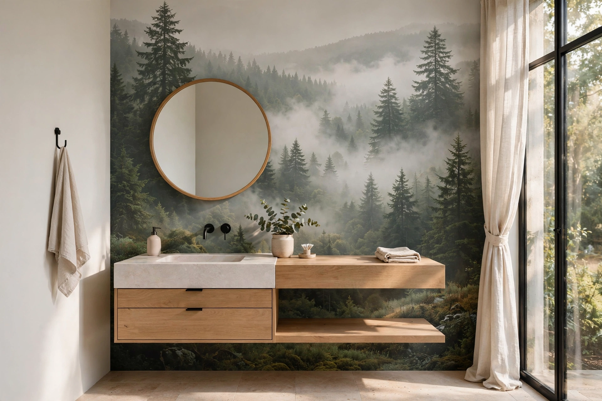 Full-wall mural bathroom wallpaper with a misty forest scene behind a floating vanity and mirror.
