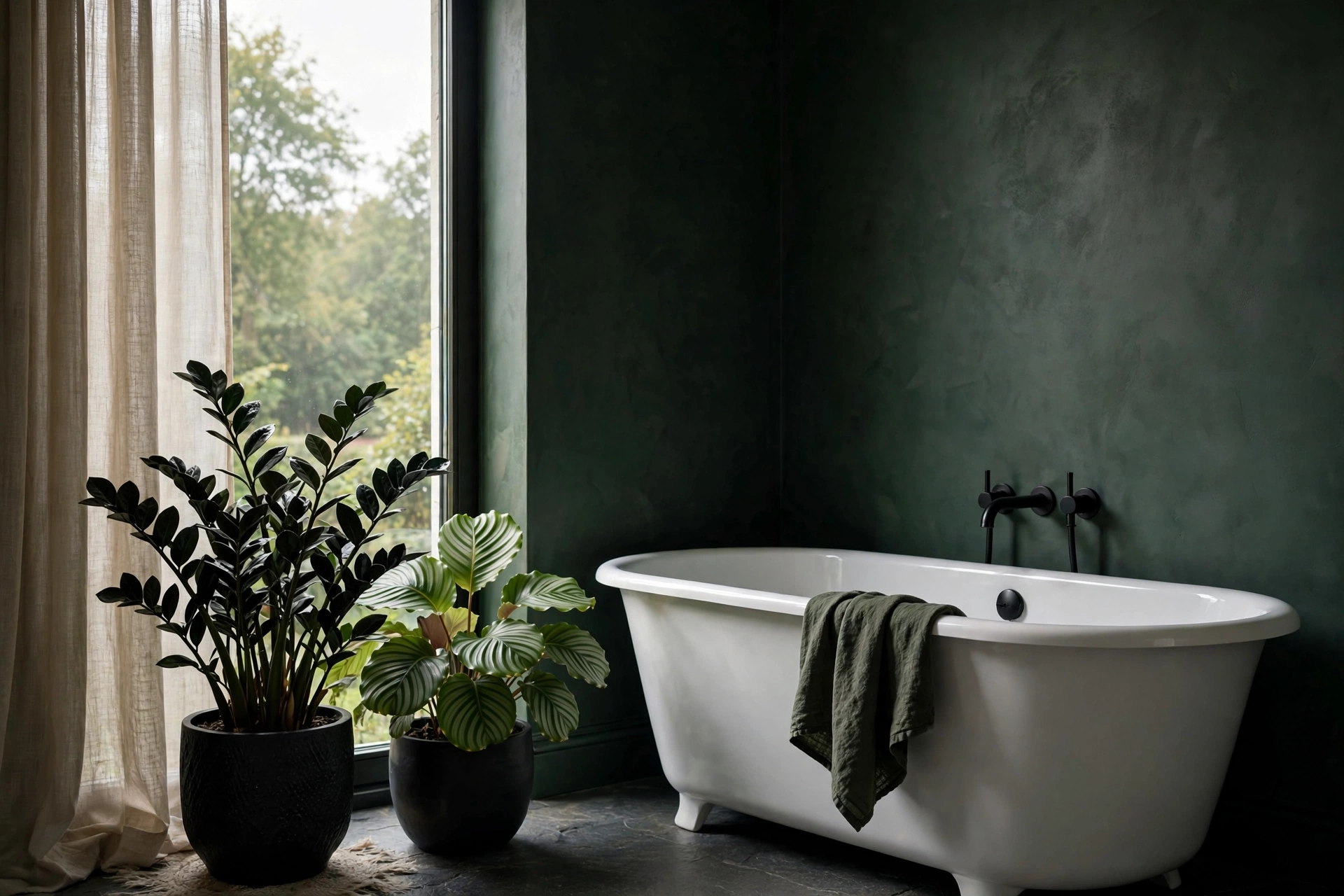Dark-leafed plants in black planters adding life to a moody bathroom with deep green walls.