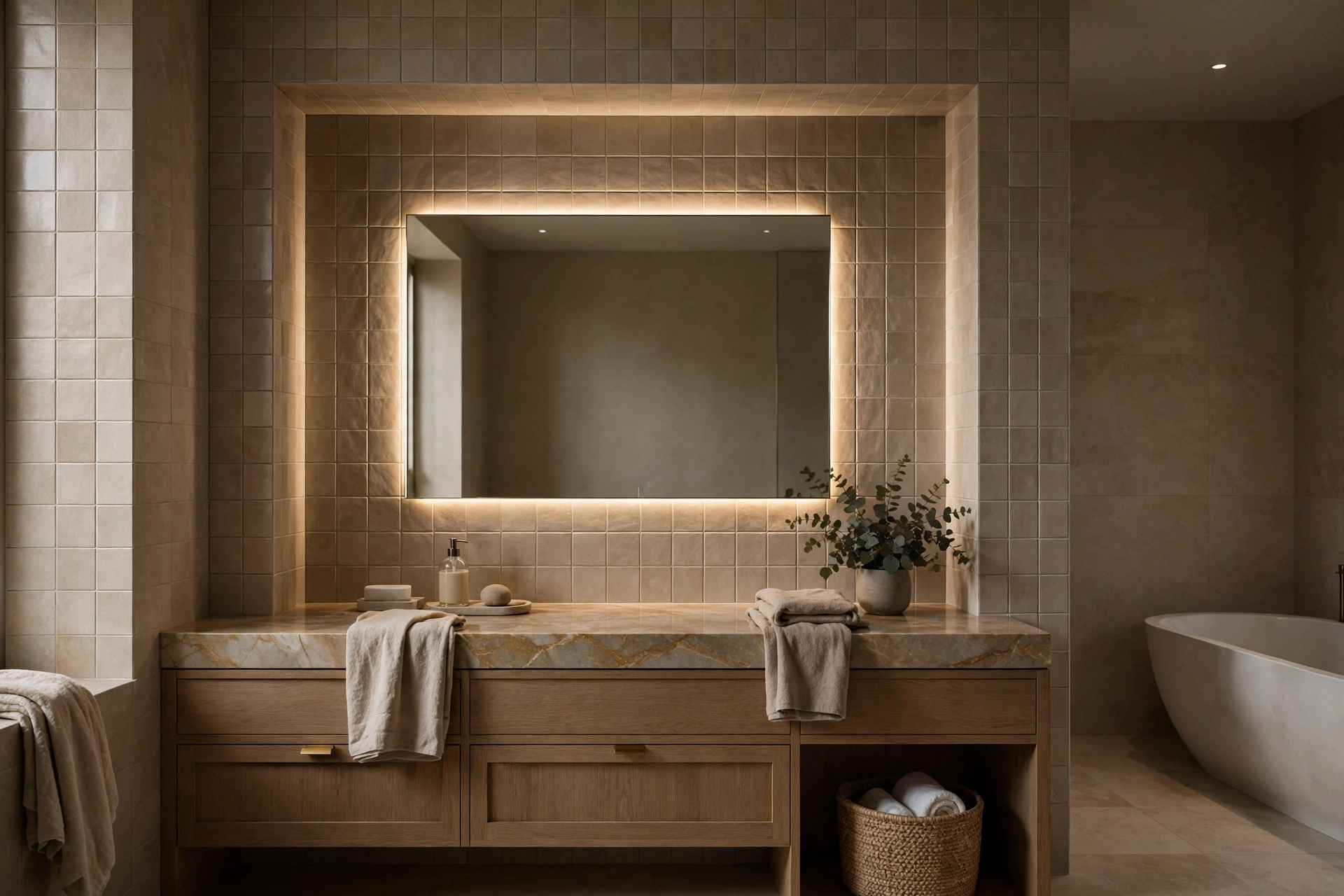 Bathroom mirror recessed into a tiled niche with subtle shadow lines and LED edge lighting.