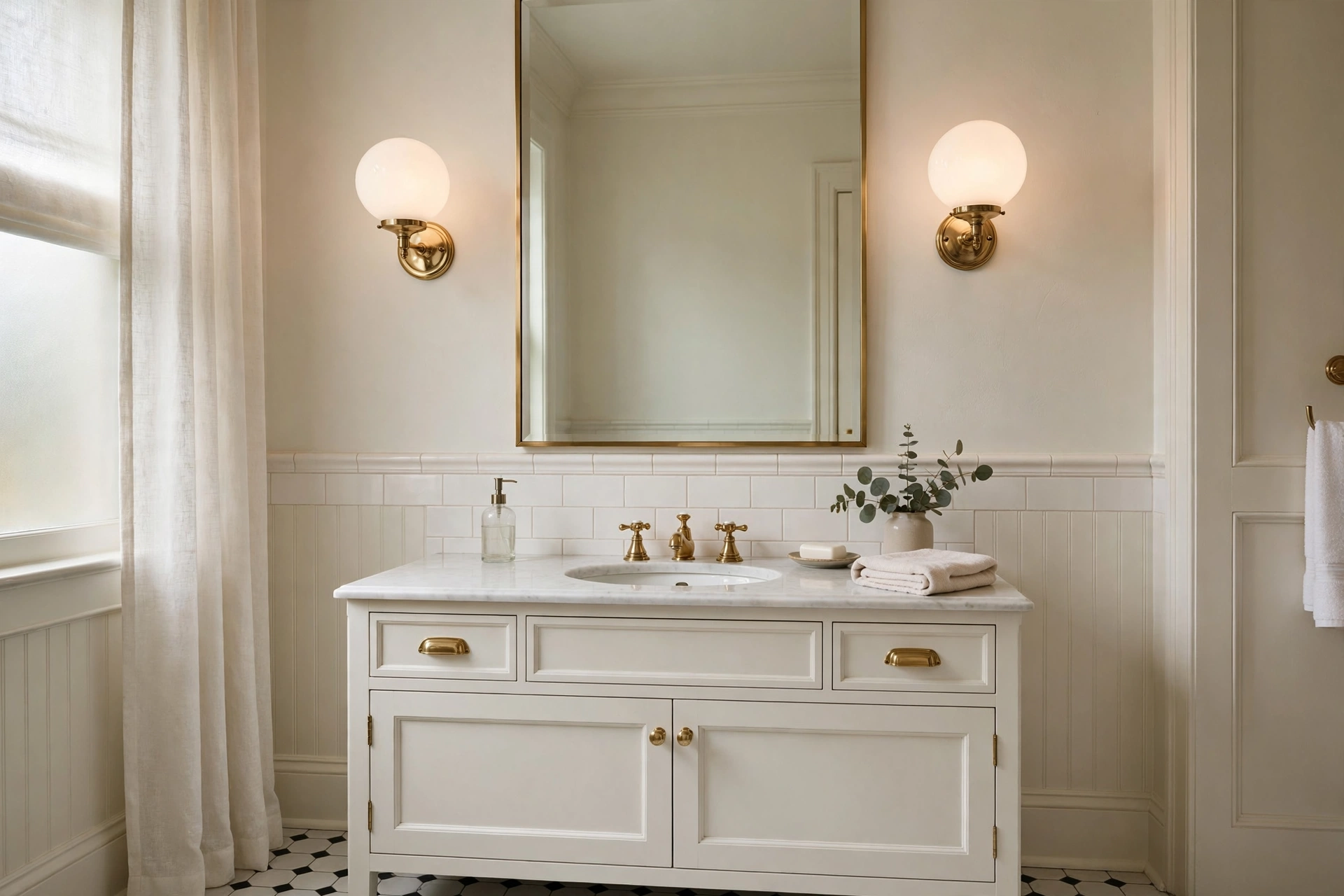 Frosted globe sconces mounted beside a bathroom mirror diffusing even flattering light.