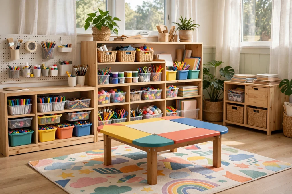 Kid-friendly craft zone with low table, washable supplies, and colorful rug in a family craft room.