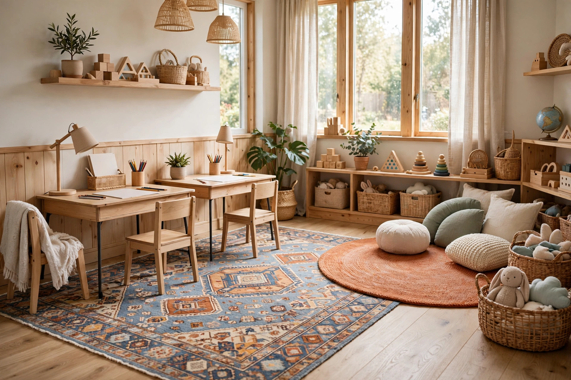 A homeschool room divided into learning zones by a large area rug under the desks and a small reading rug.