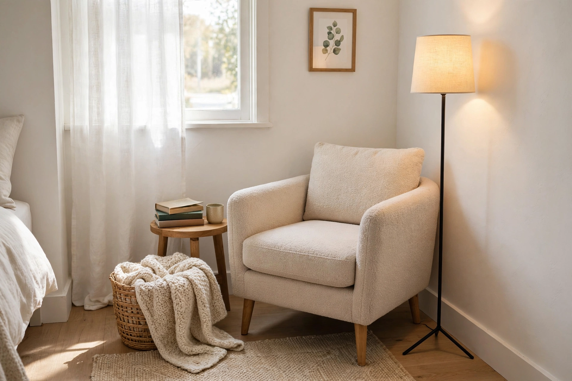 Cozy corner reading nook with armchair and floor lamp in a small bedroom