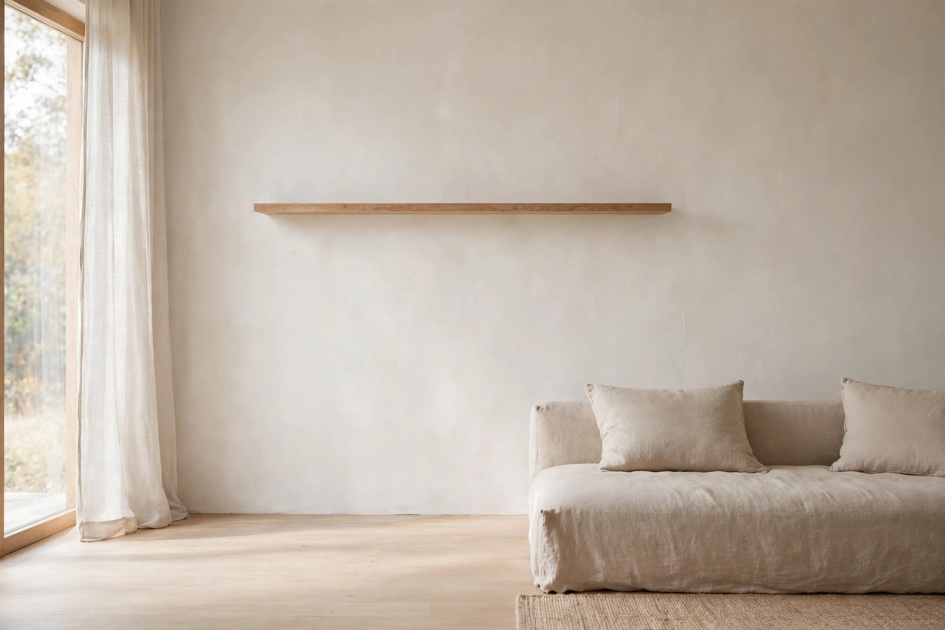 Minimalist Japandi living room with mindful empty space and clear surfaces