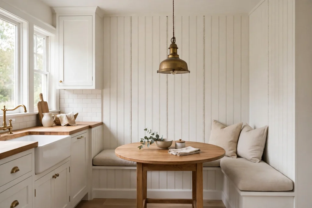 Beadboard banquette breakfast nook with round wood table and vintage pendant in farmhouse kitchen