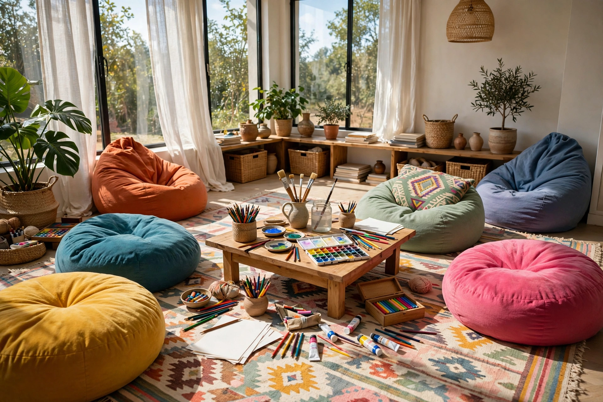 A homeschool room floor lounge with oversized cushions, bean bags, and a low table on a washable rug.