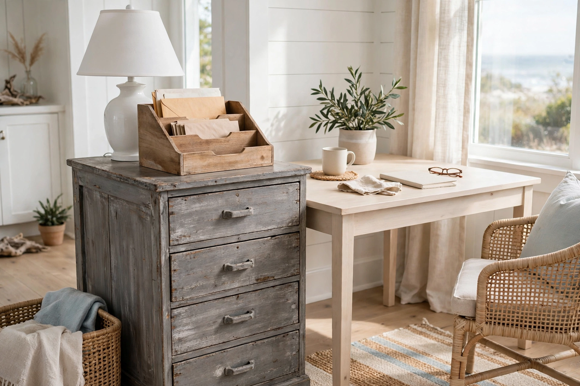 A coastal home office with a weathered-wood file cabinet topped with a lamp and mail tray.