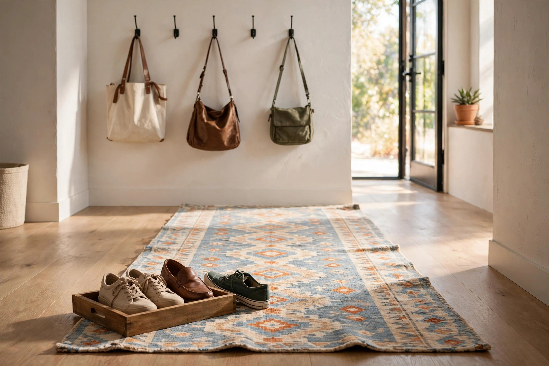 An entryway shoe storage drop zone defined by a washable runner rug, low tray, and wall hooks.