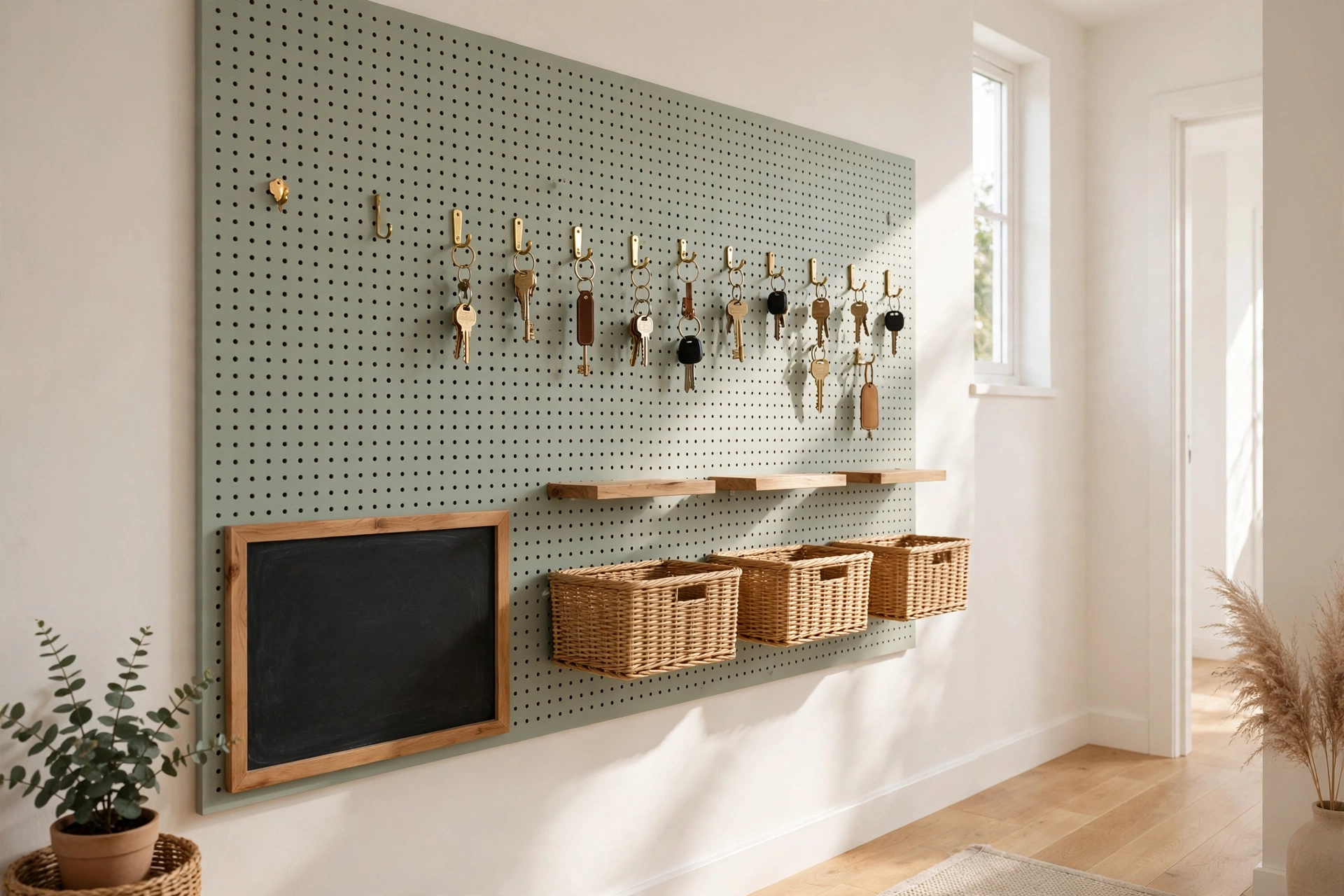 A hallway storage pegboard command wall with hooks, shelves, and bins for keys and mail.