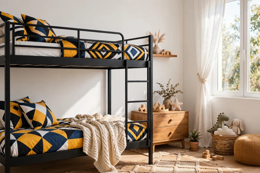 A bunk bed room with a matte black metal bunk styled with graphic bedding and warm wood accents.