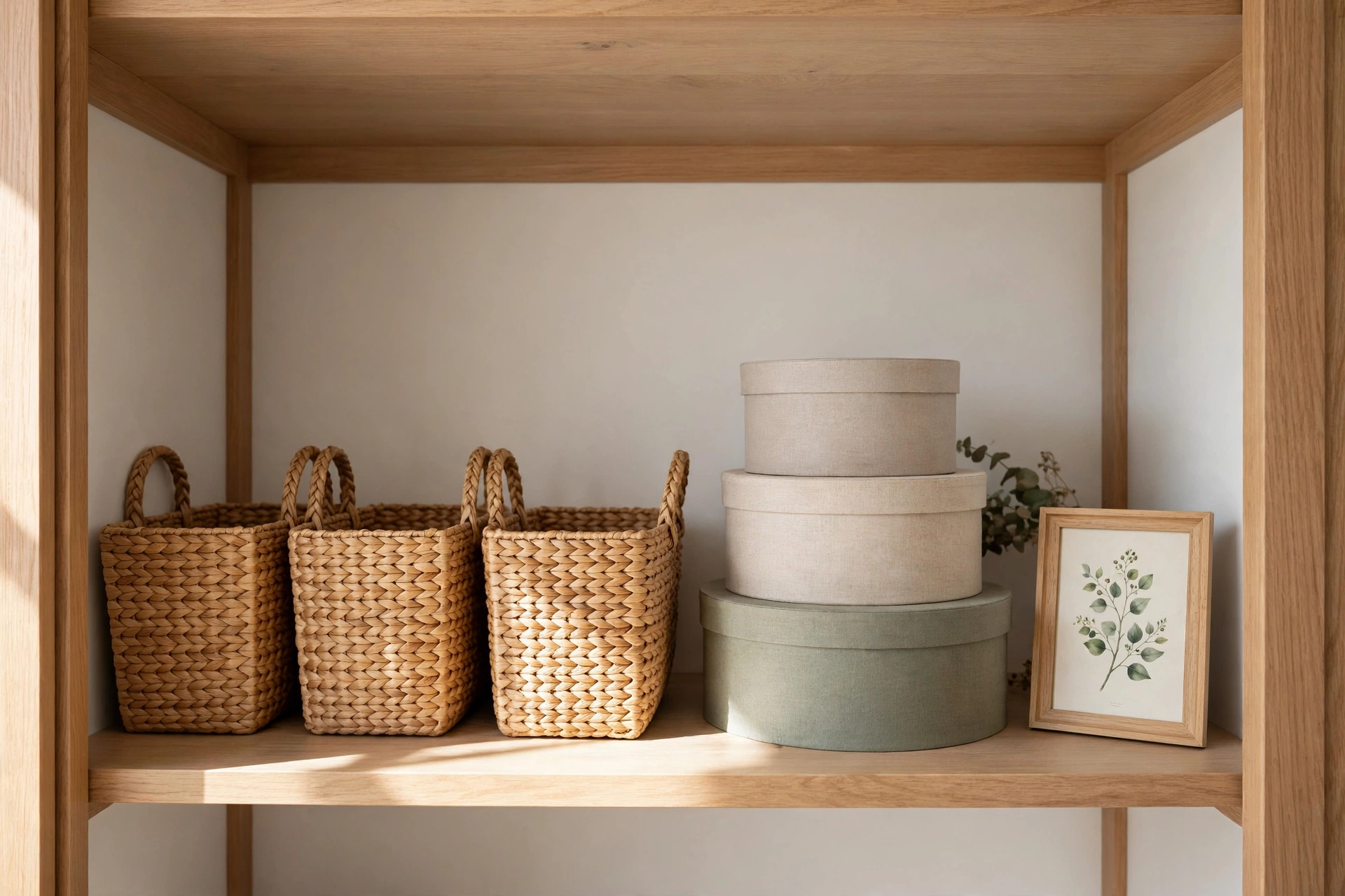 Reach-in closet ideas with a styled top shelf of matching baskets, hat boxes, and a small framed print.