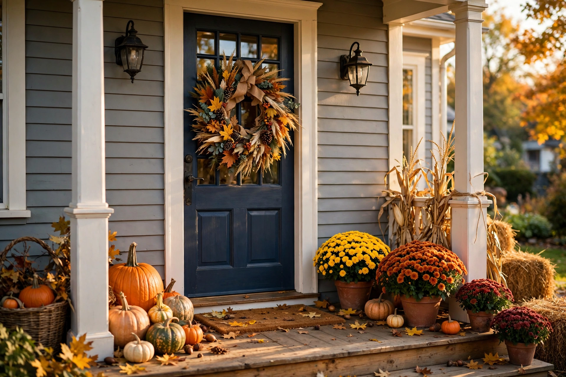 Front porch decorating ideas styled for fall with pumpkins, mums, and a harvest wreath on the door.