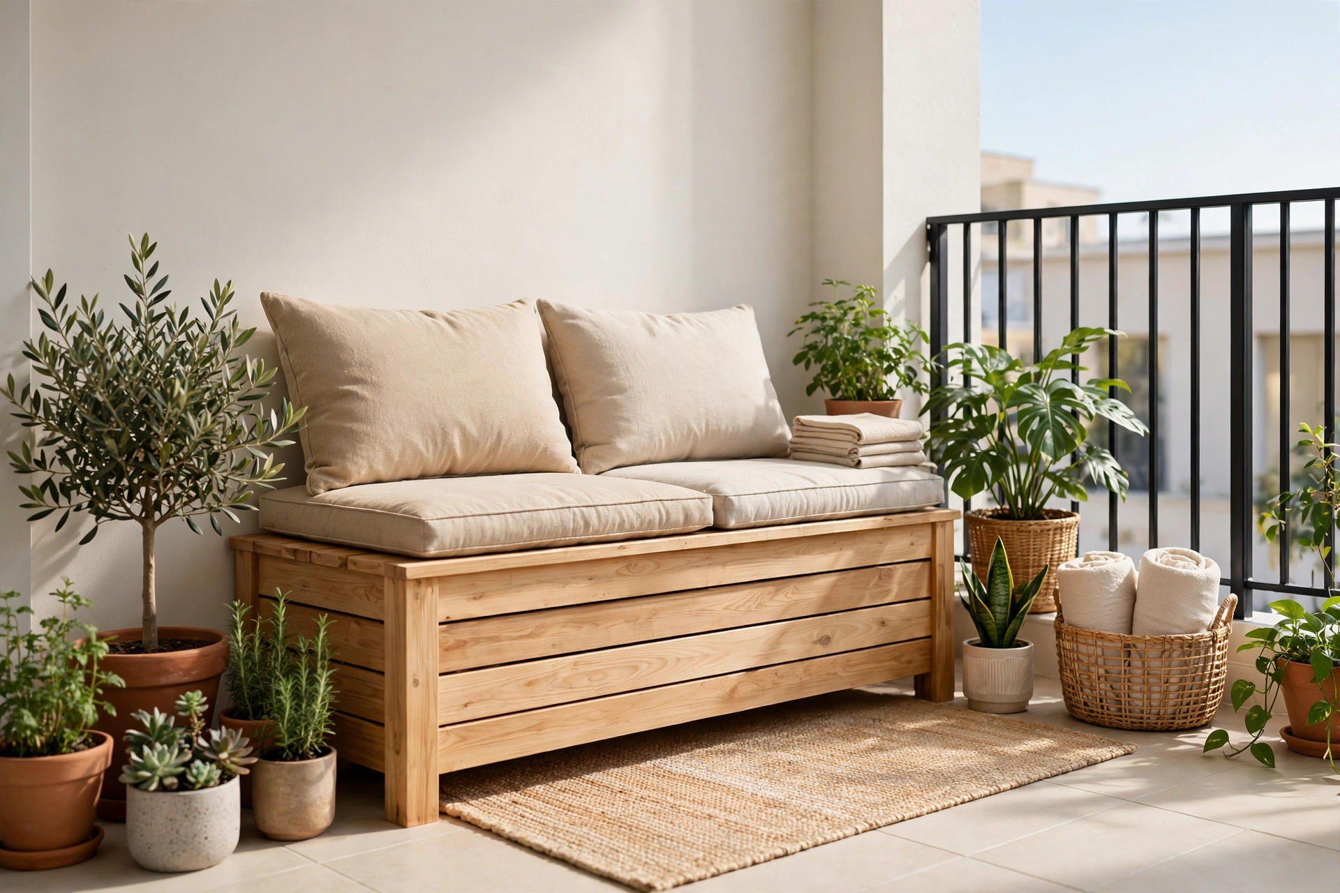 Balcony decor ideas featuring a wooden storage bench doubling as seating on a tidy organized balcony.