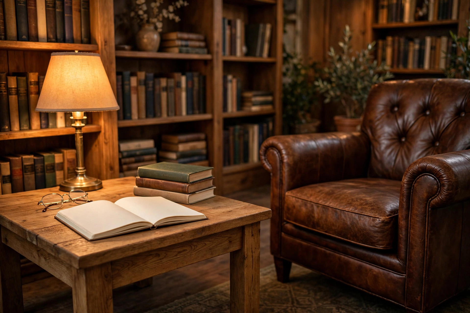 Home library design ideas with an open journal and reading glasses on a side table beside a stack of books.
