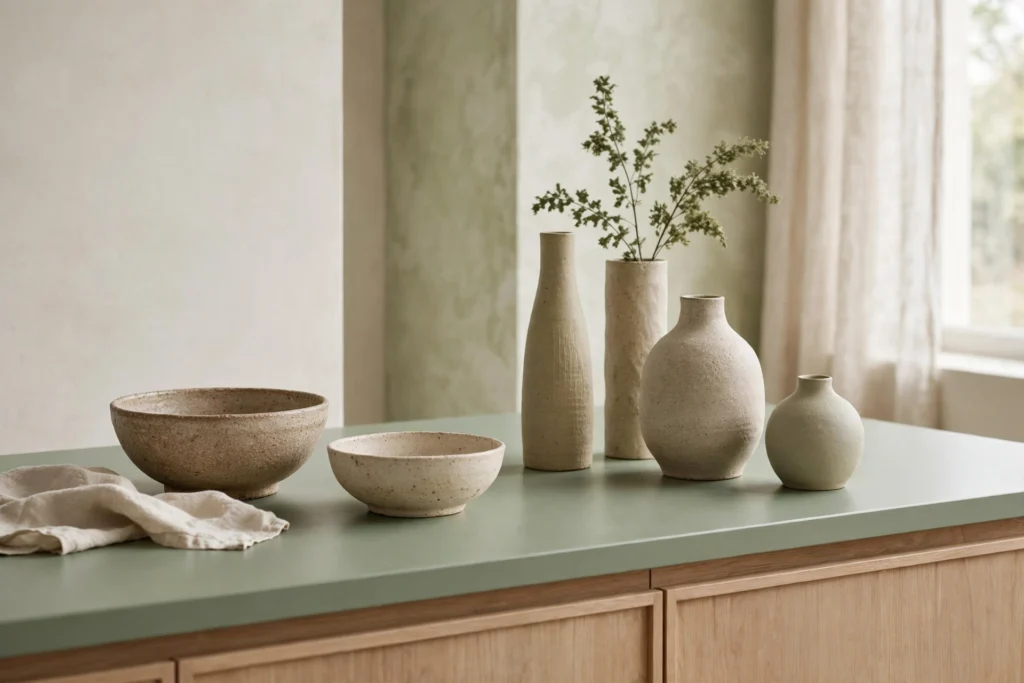 Handmade stoneware bowls and vases styled on a sage green kitchen counter