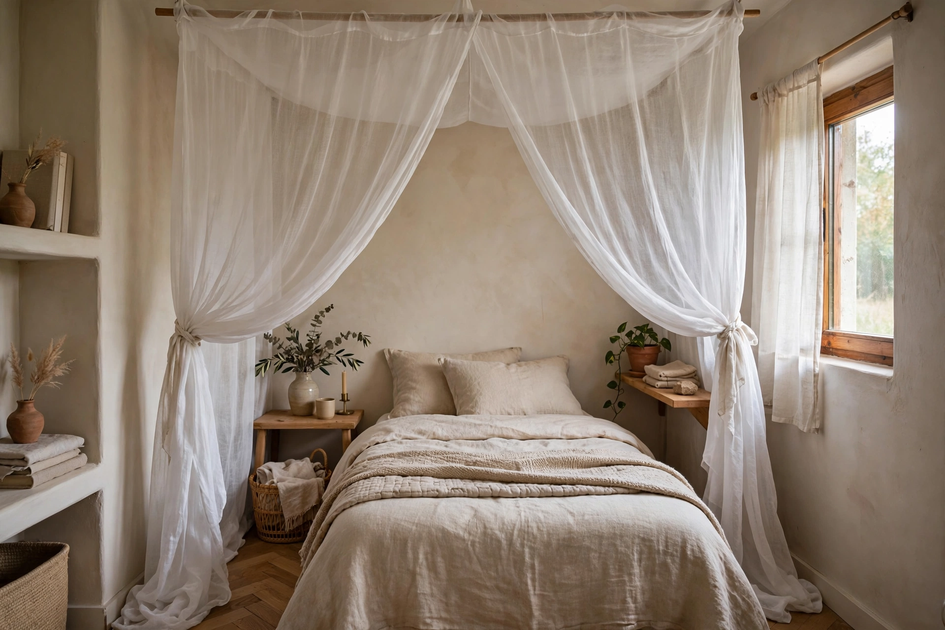 Sheer bed canopy creating a private retreat in a small bedroom