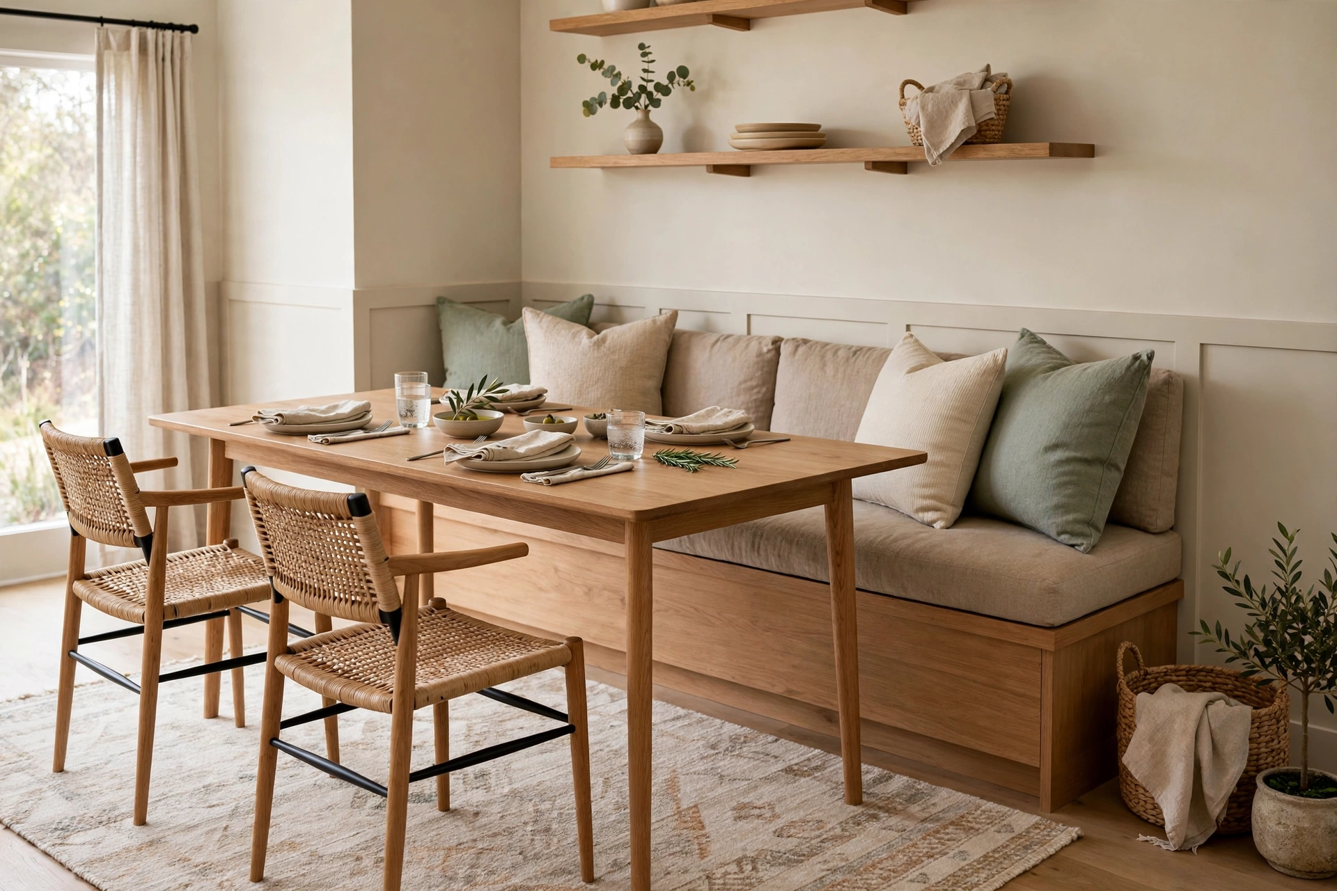 Washable low pile rug under banquette dining nook table