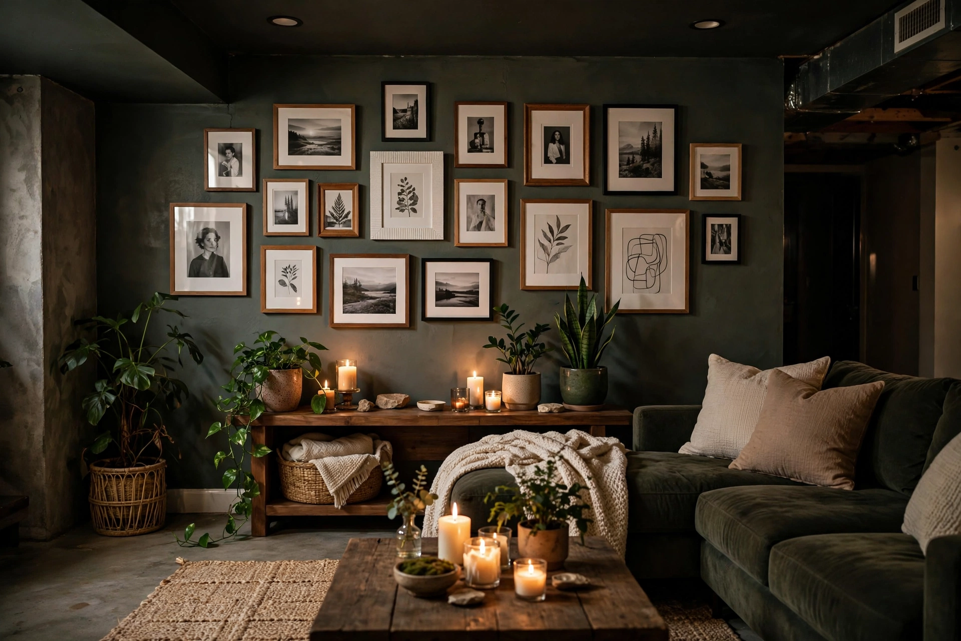 Personalized basement living room with gallery wall, low-light plants, and candles