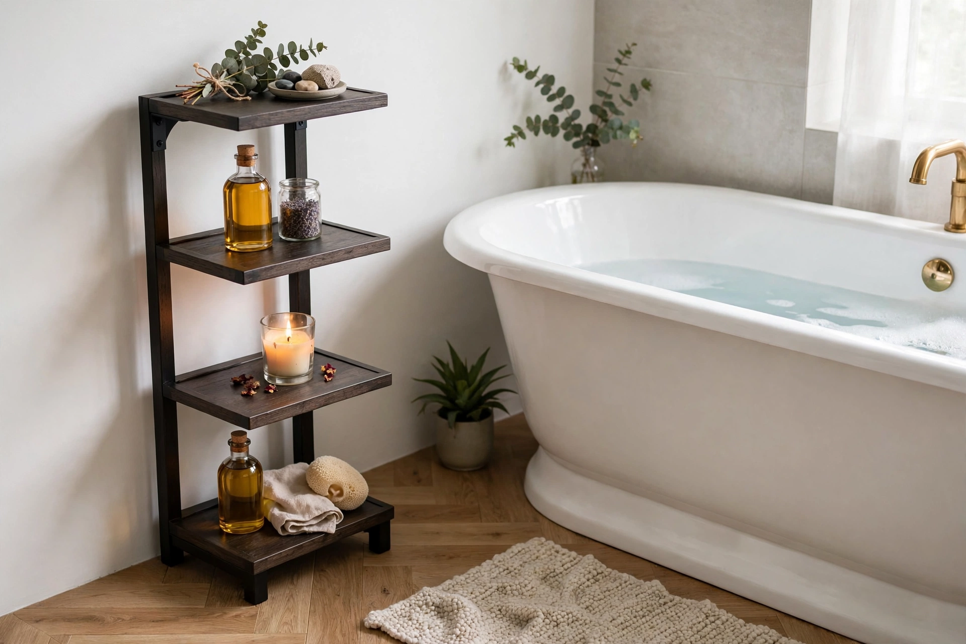 Tiered corner tower shelf beside bathtub with bath oils and candle