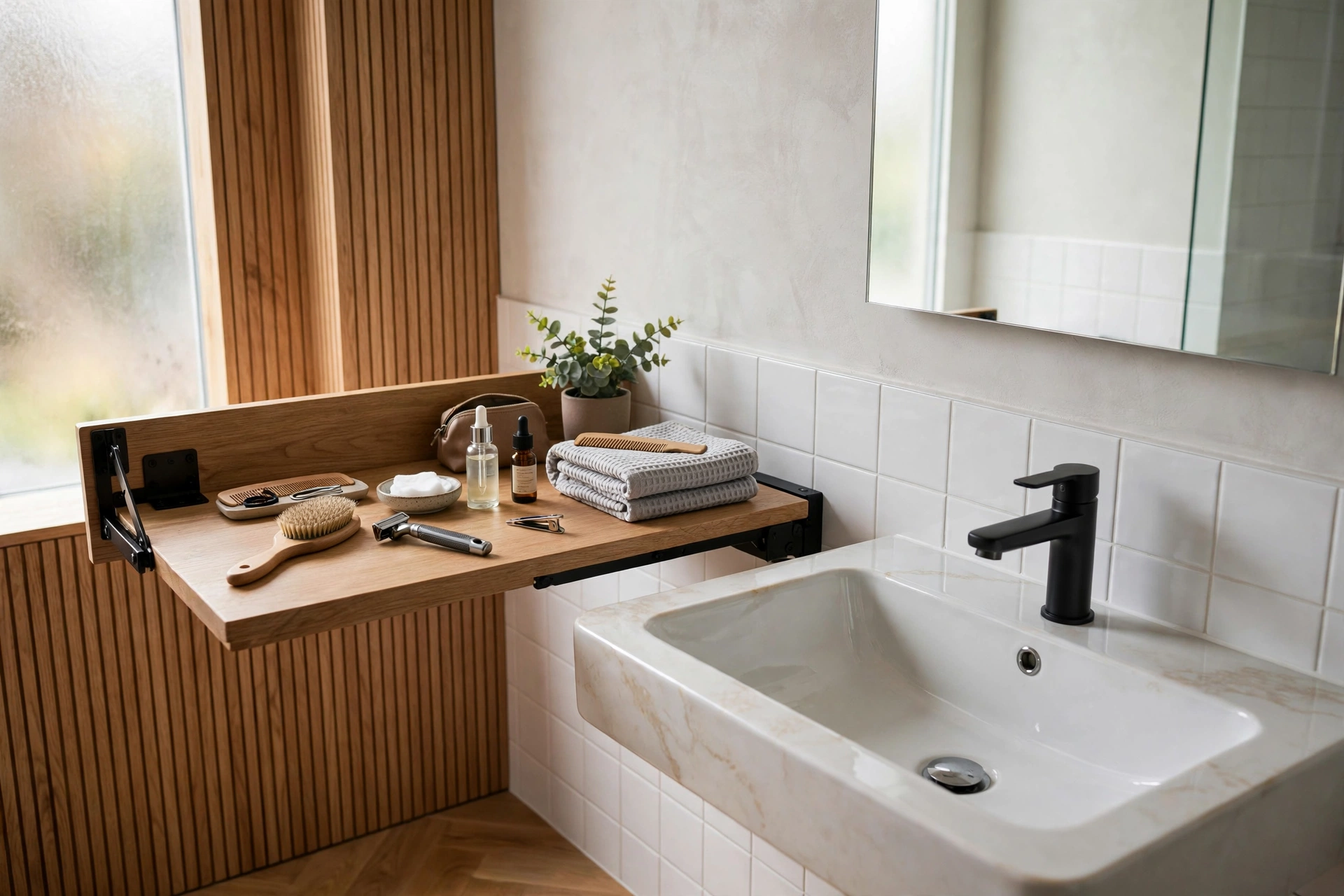 Fold down wall mounted table beside bathroom sink used as grooming station