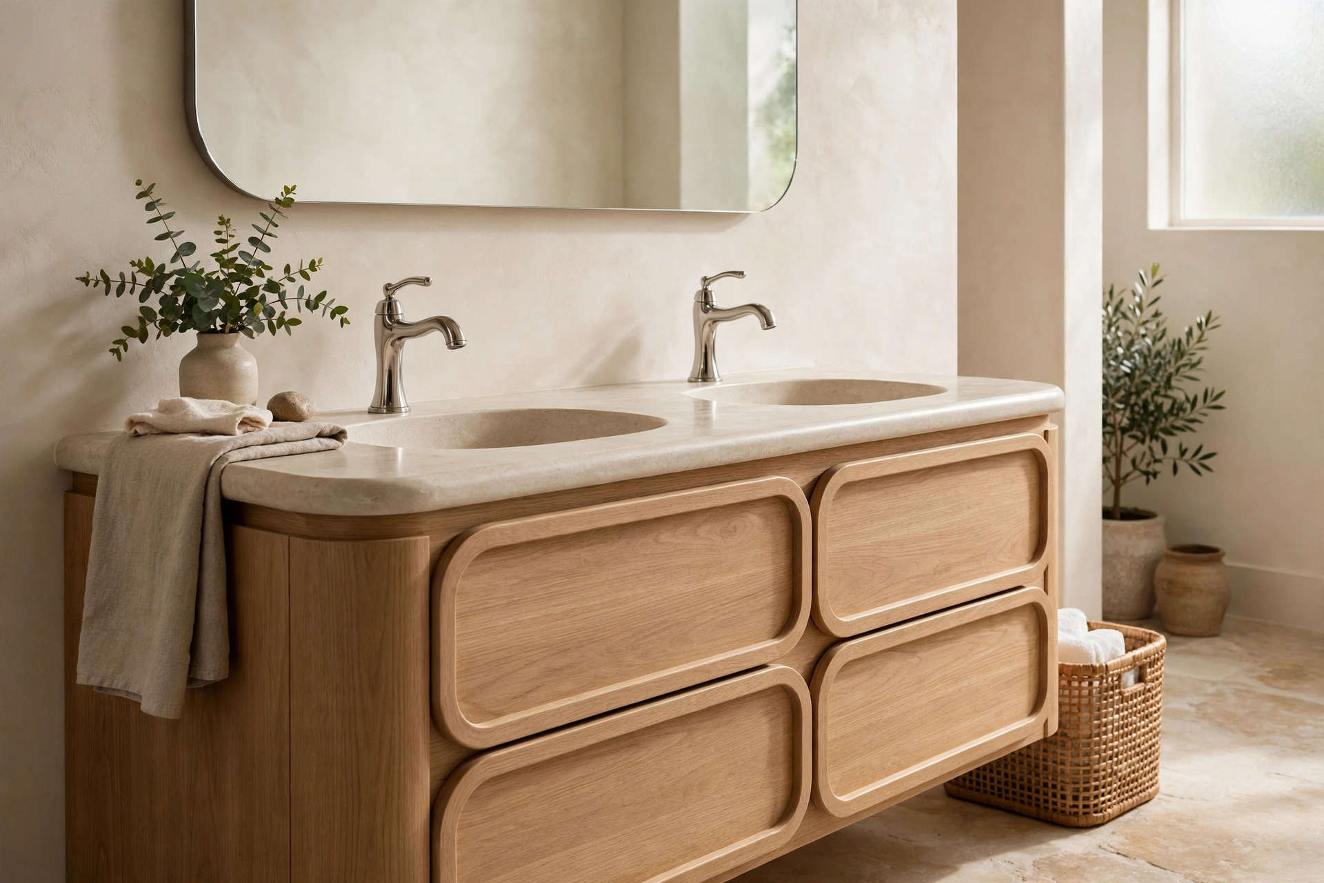Comfort-height bathroom vanity with lever faucets and rounded edges