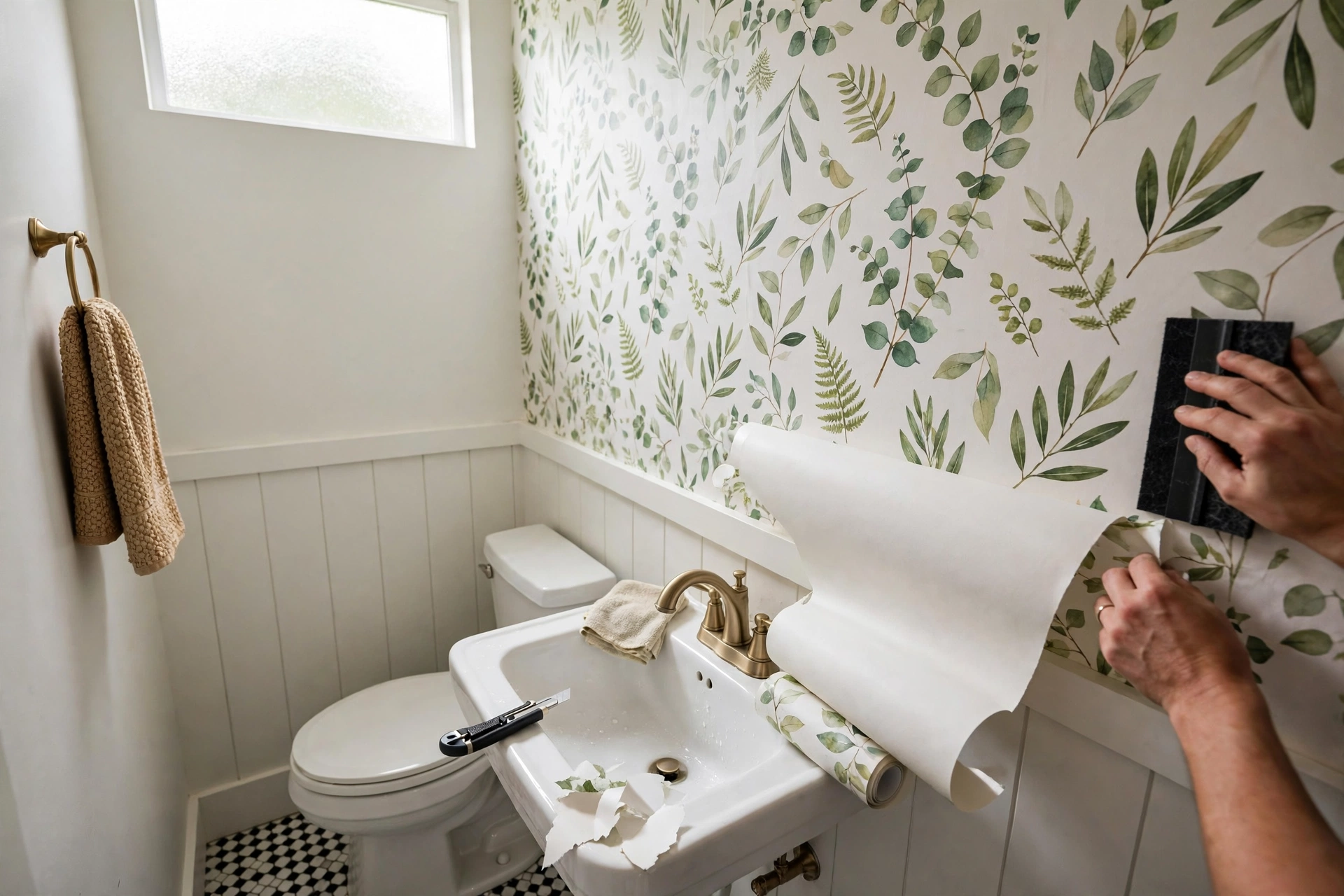 Peel and stick botanical wallpaper being installed in renter powder room