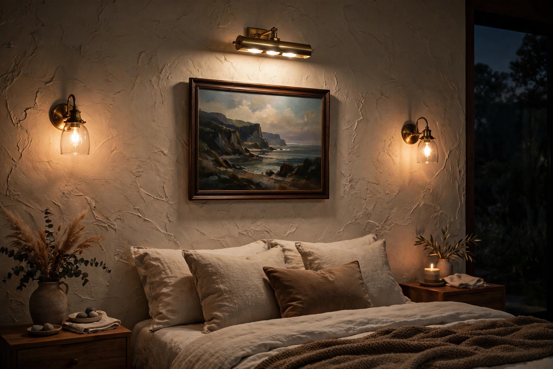 Wall sconces and picture light illuminating a textured bedroom accent wall at night
