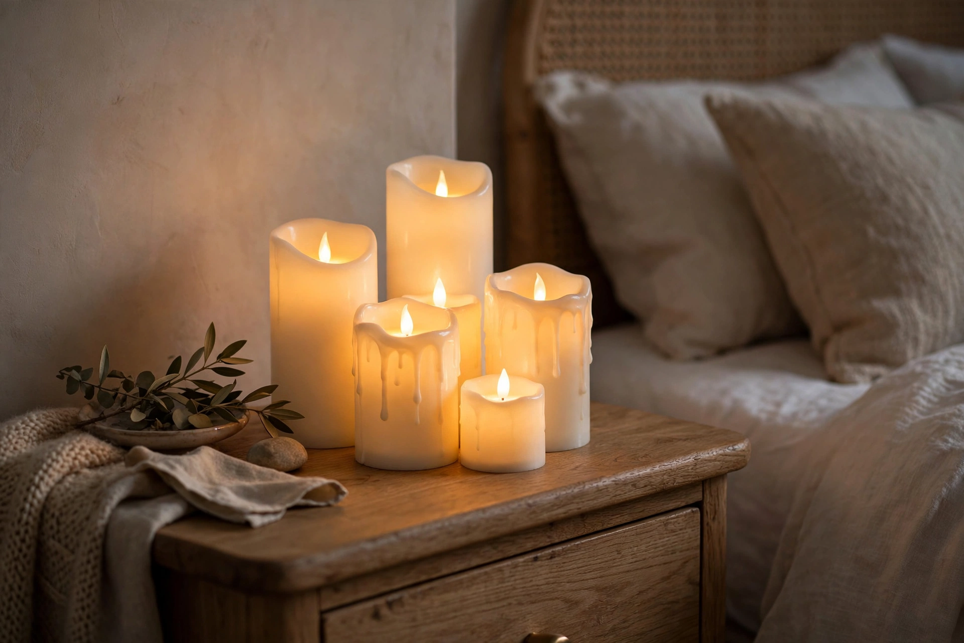 Flameless LED candles clustered on a nightstand for safe cozy bedroom glow