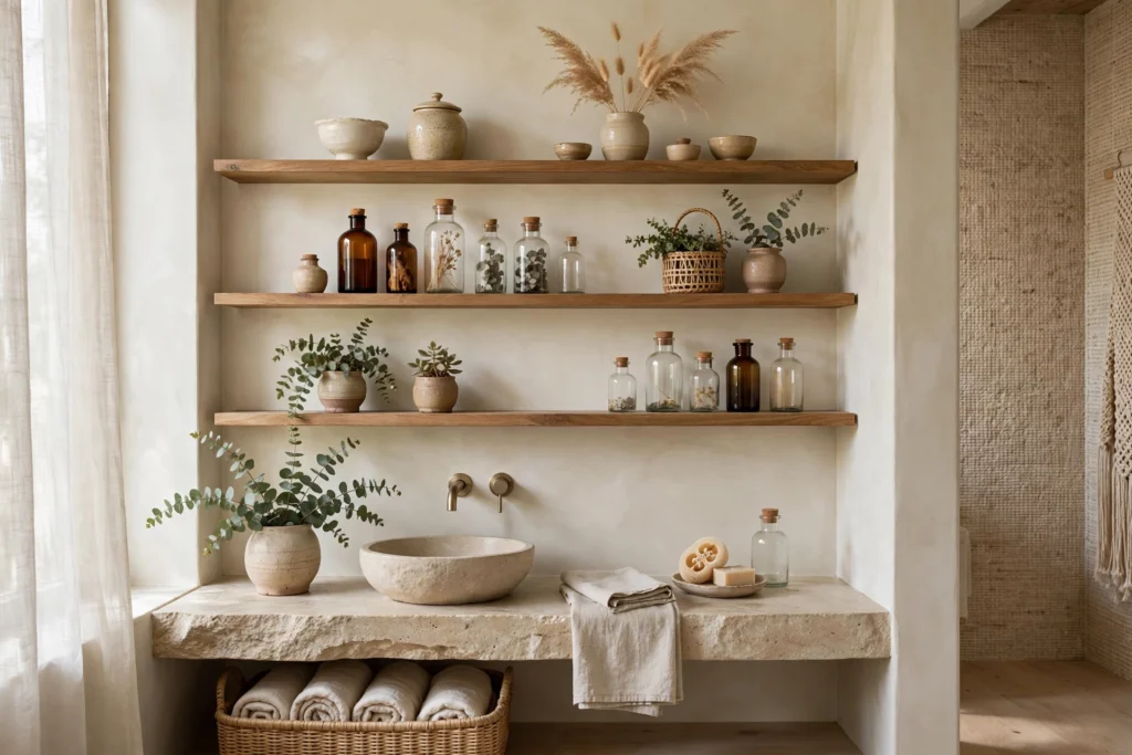 Open shelves with ceramics, apothecary bottles and plants in a boho bathroom