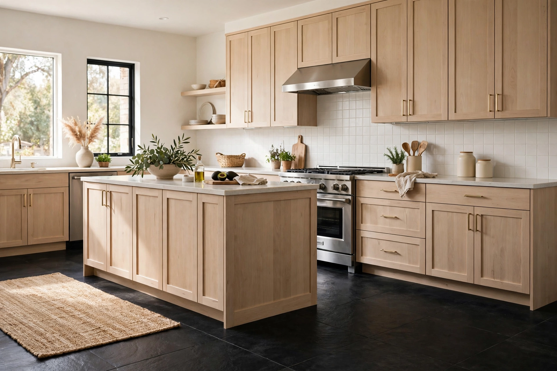 Dark black kitchen flooring with light cabinets and natural rug
