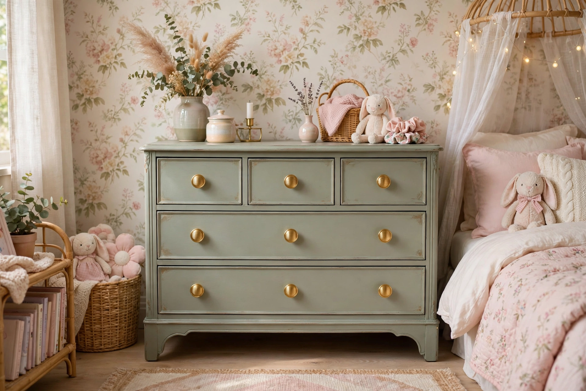 Painted vintage dresser with new knobs in girls bedroom decor