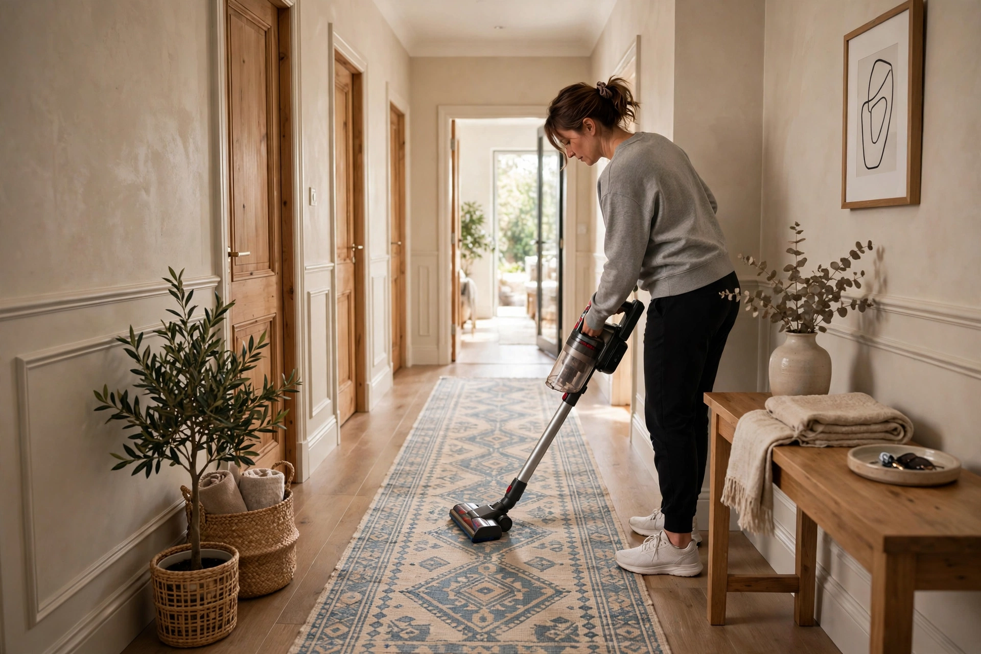 Vacuuming a hallway runner rug as part of regular maintenance and care