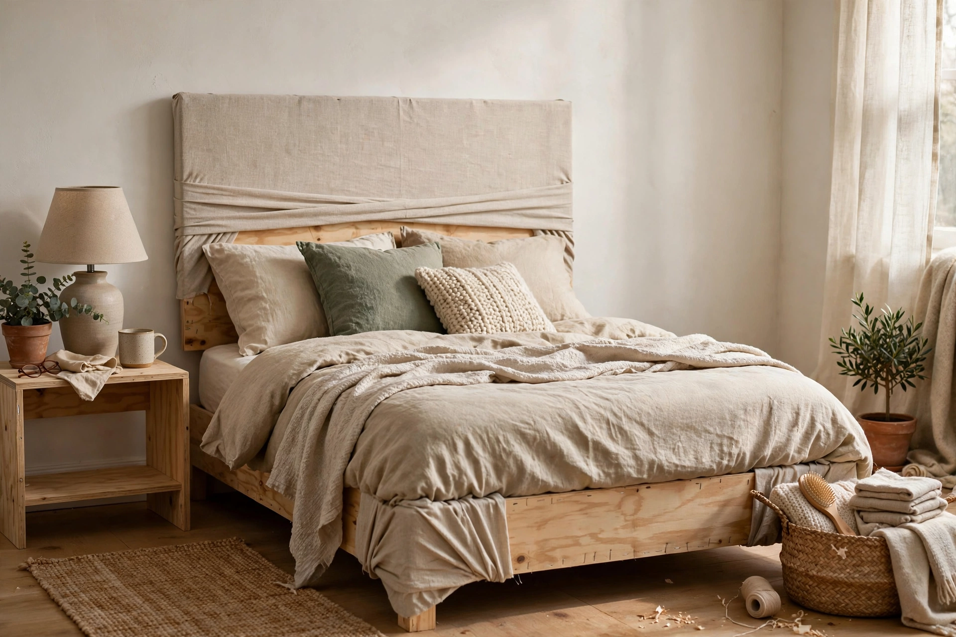 DIY plywood headboard wrapped in fabric as a budget bedroom project