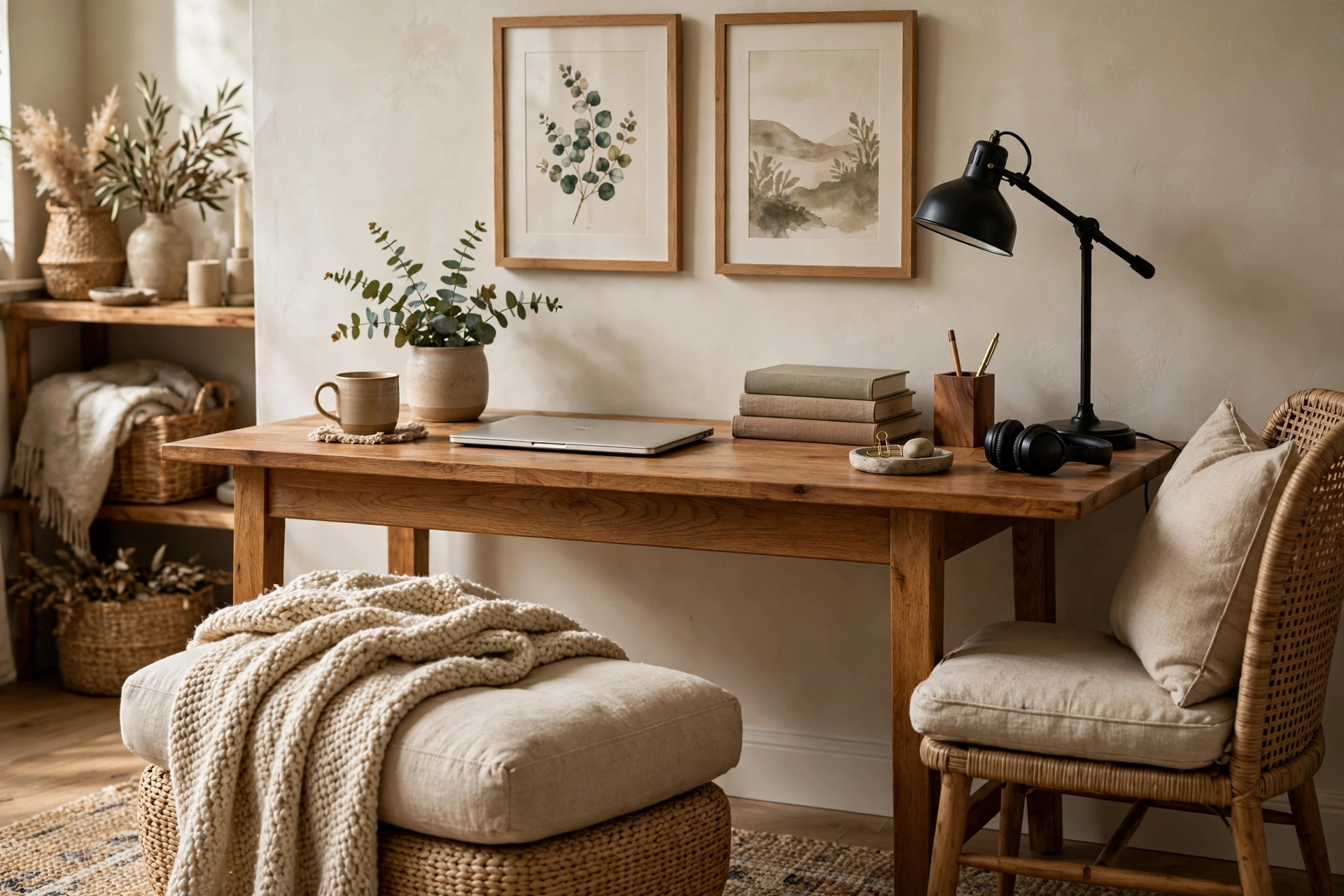 Cozy home office desk with footrest throw blanket and framed artwork