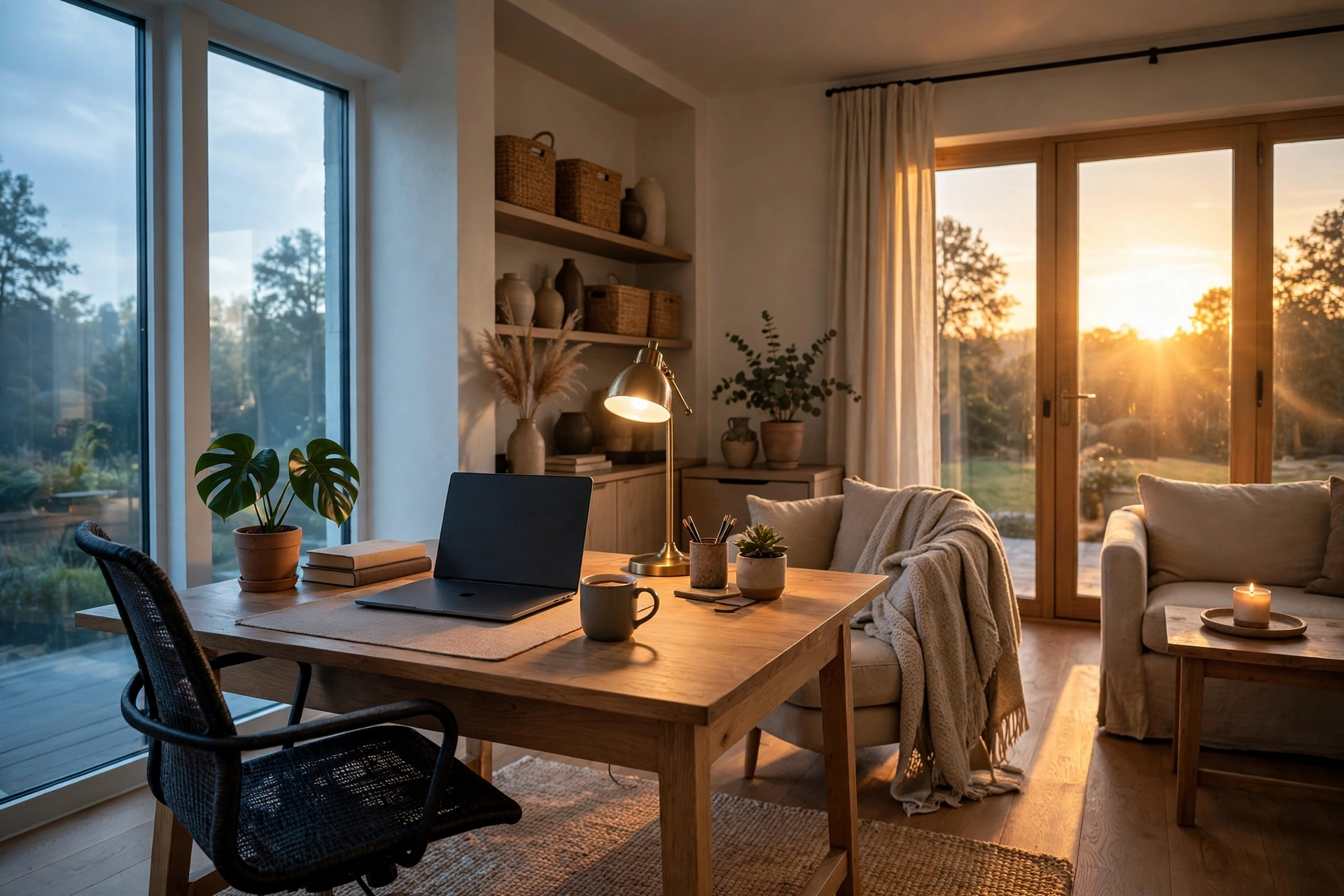 Home office transitioning from bright cool morning to warm evening light