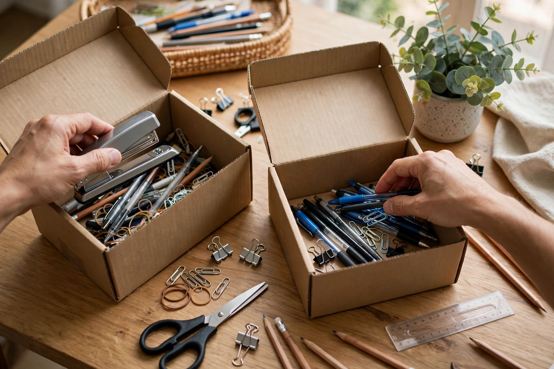 Hands decluttering office supplies into donate and keep boxes
