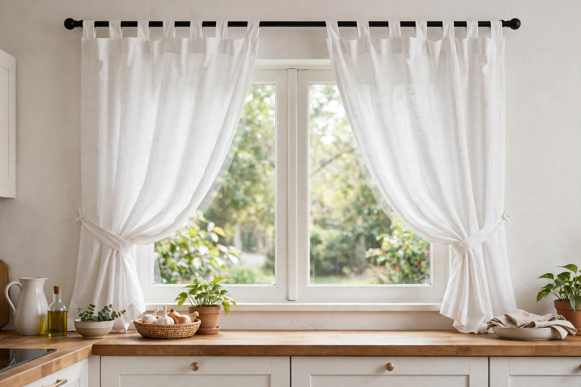 Machine-washable cotton kitchen curtains in crisp white on a window
