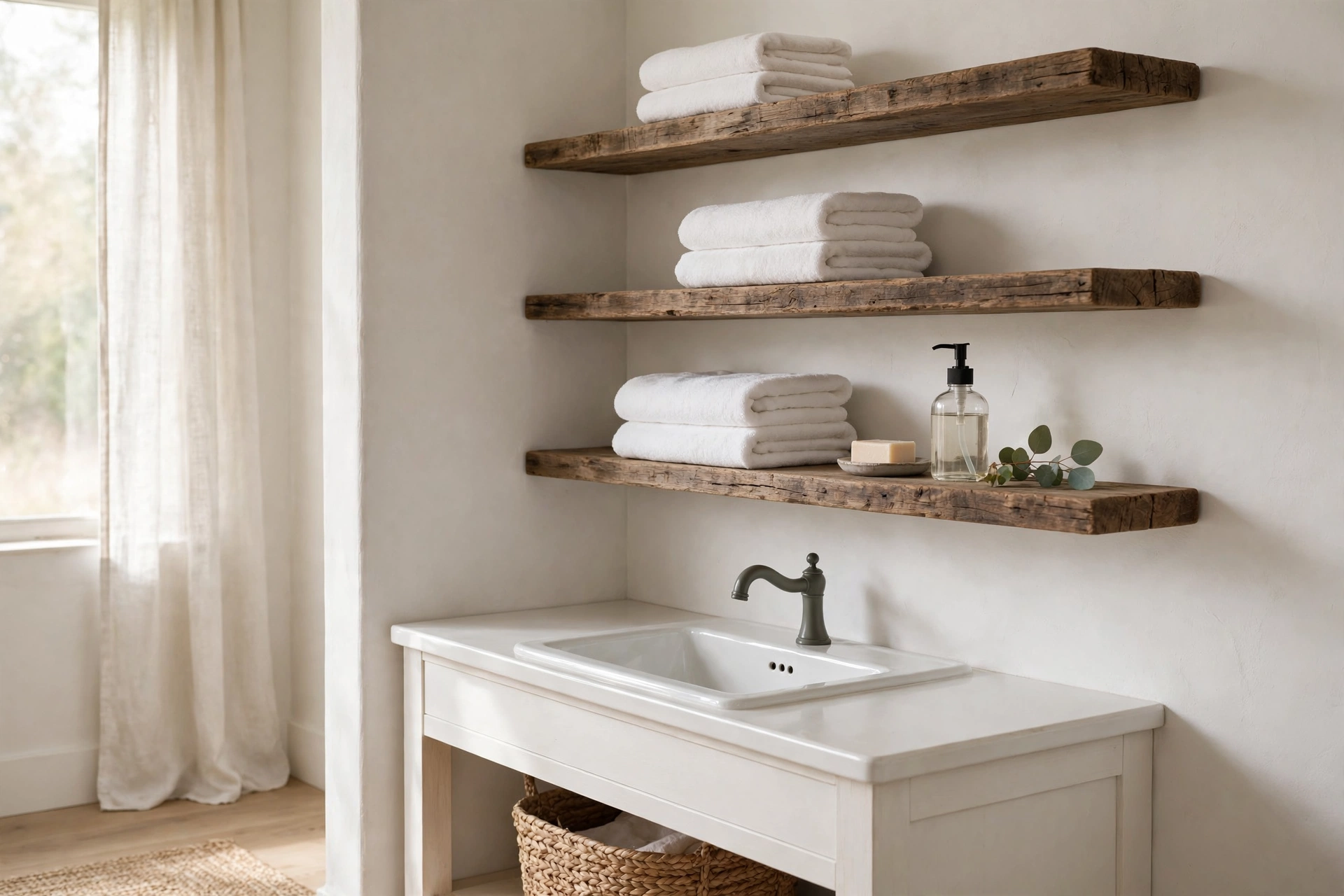 Reclaimed wood shelves with folded white towels and soap dispenser in farmhouse bath