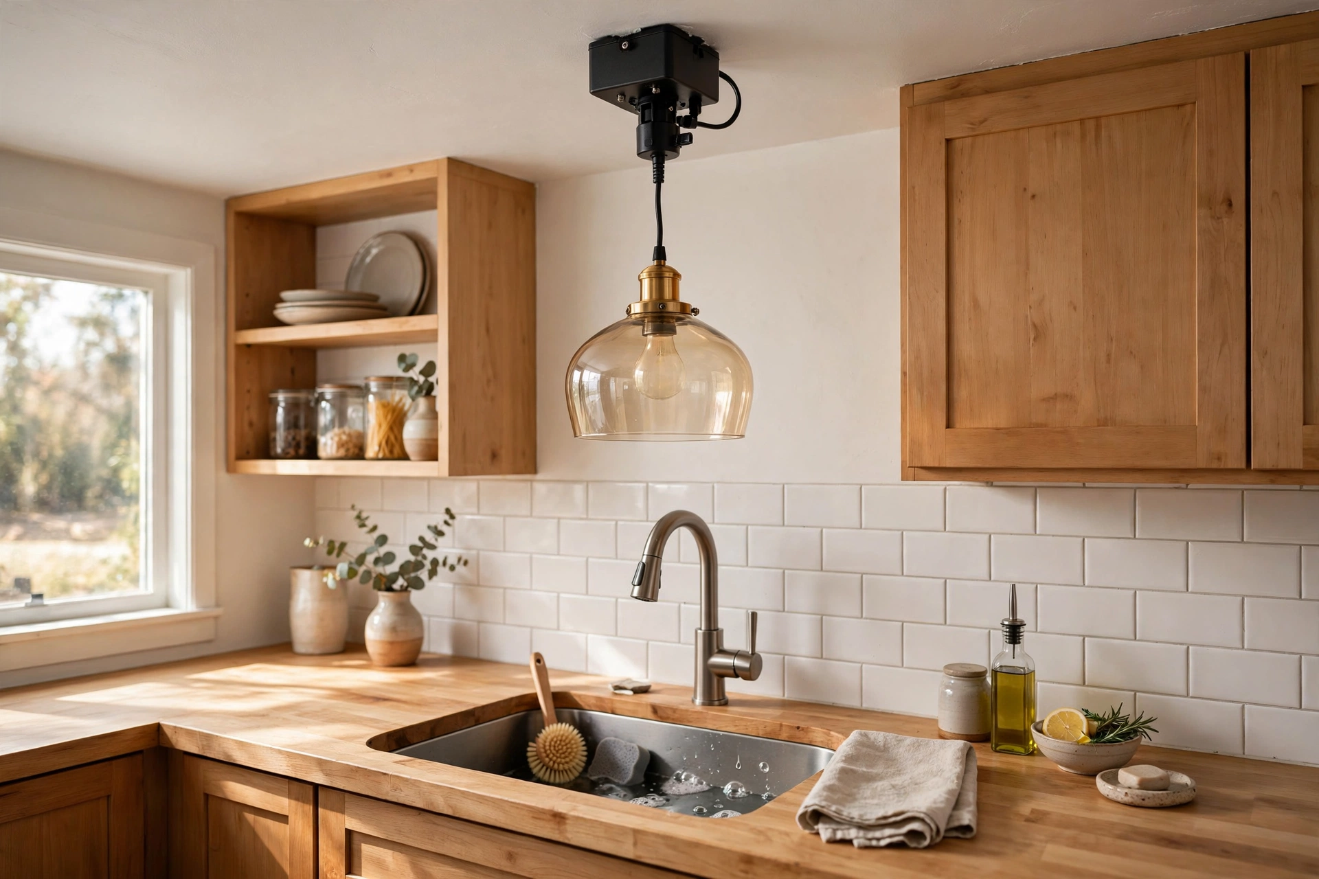Pendant light installed with an adapter kit over a kitchen sink