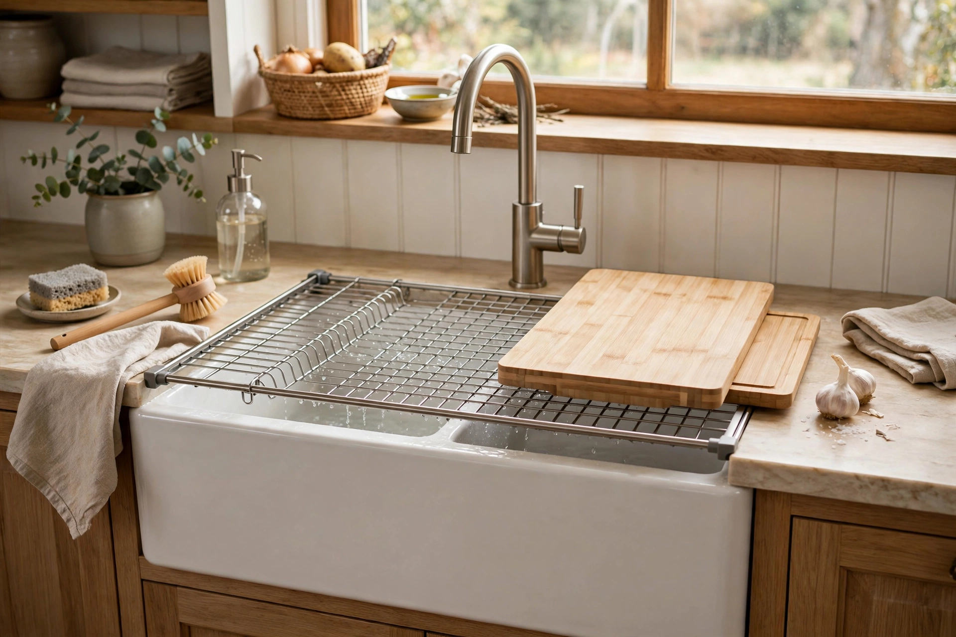 Farmhouse sink fitted with roll-up drying rack and cutting board accessories