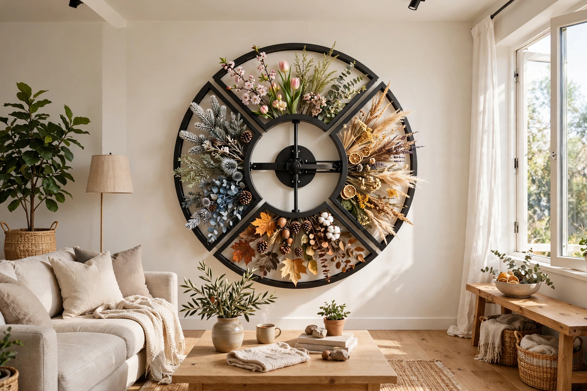 Rotating seasonal gallery wall display in bright living room