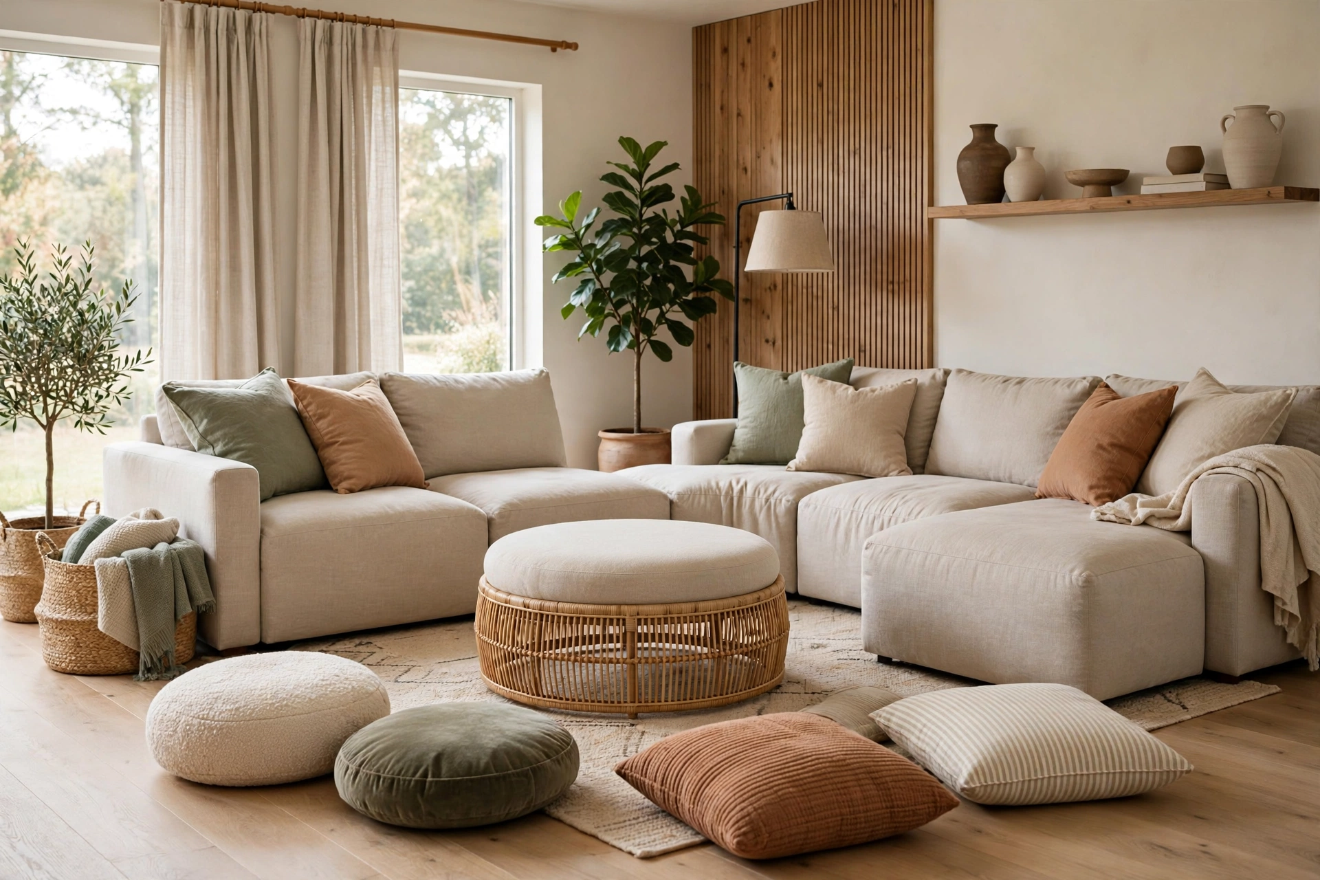 Flexible family living room layout with ottoman and floor cushions
