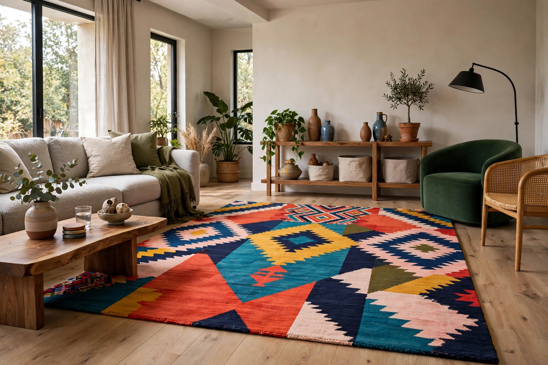 Bold colored living room rug as the focal point of the room